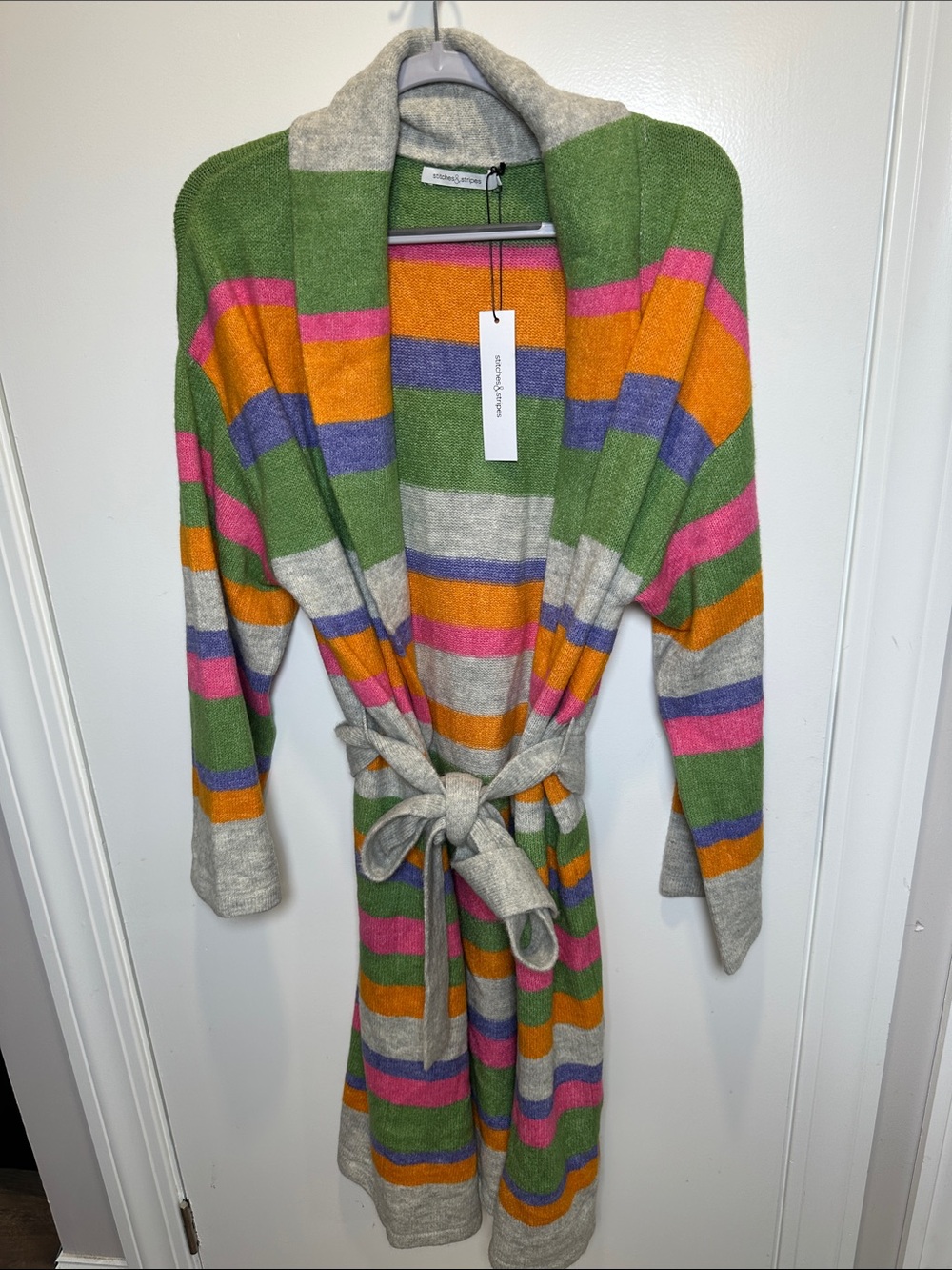 Stitches and Stripes Shawl-Collar Knit Belted Sweater Coat - Green/Multi (19)